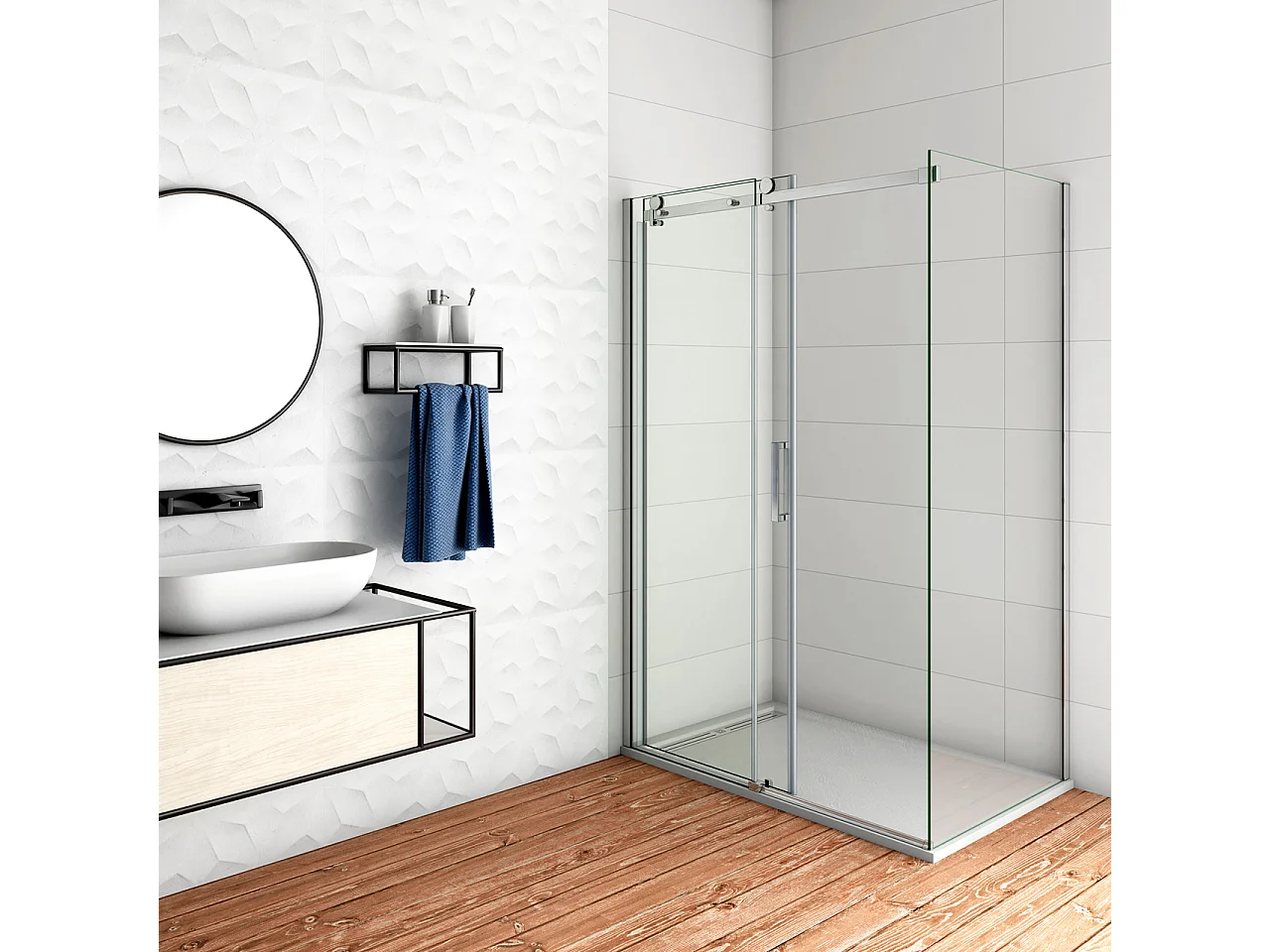 Aica Italy 145x80cm H.195 cm Box Doccia Angolare Porta Scorrevole Con Parete Laterale Vetro 8 Mm Temperato Anticalcare Trasparente Cromato Lucido