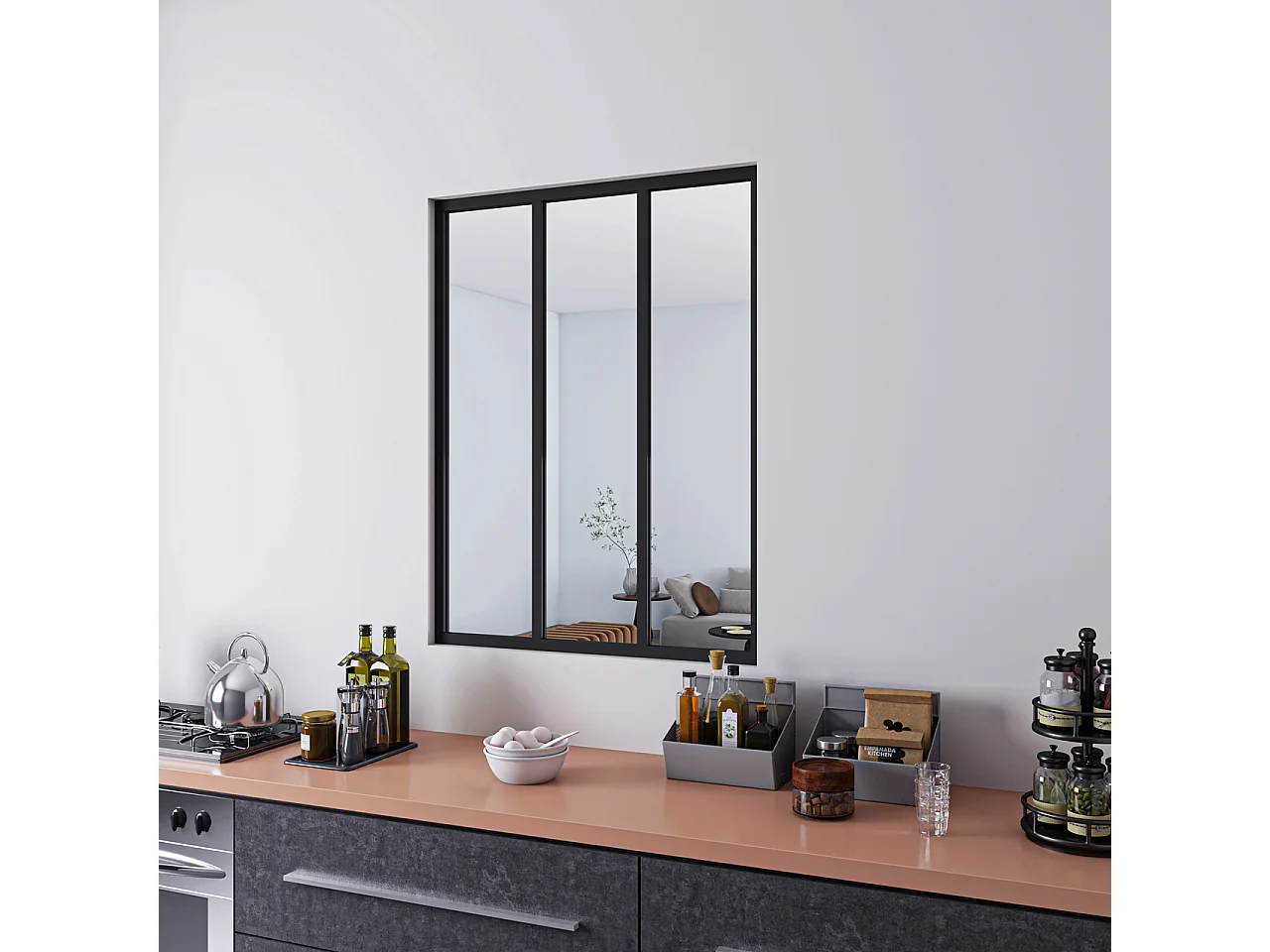 Parete Vetrata Interna 93x108 cm in Vetro Temperato Trasparente da 4 mm 3 Lastre Corniciate Profilo Nero Opaco Divisorio da Casa