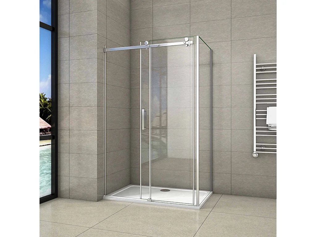 195 cm Box Doccia Angolare Porta Scorrevole con Parete Laterale 150x70 cm Vetro 8 mm Temperato Trasparente Anticalcare Telaio Cromato Lucido