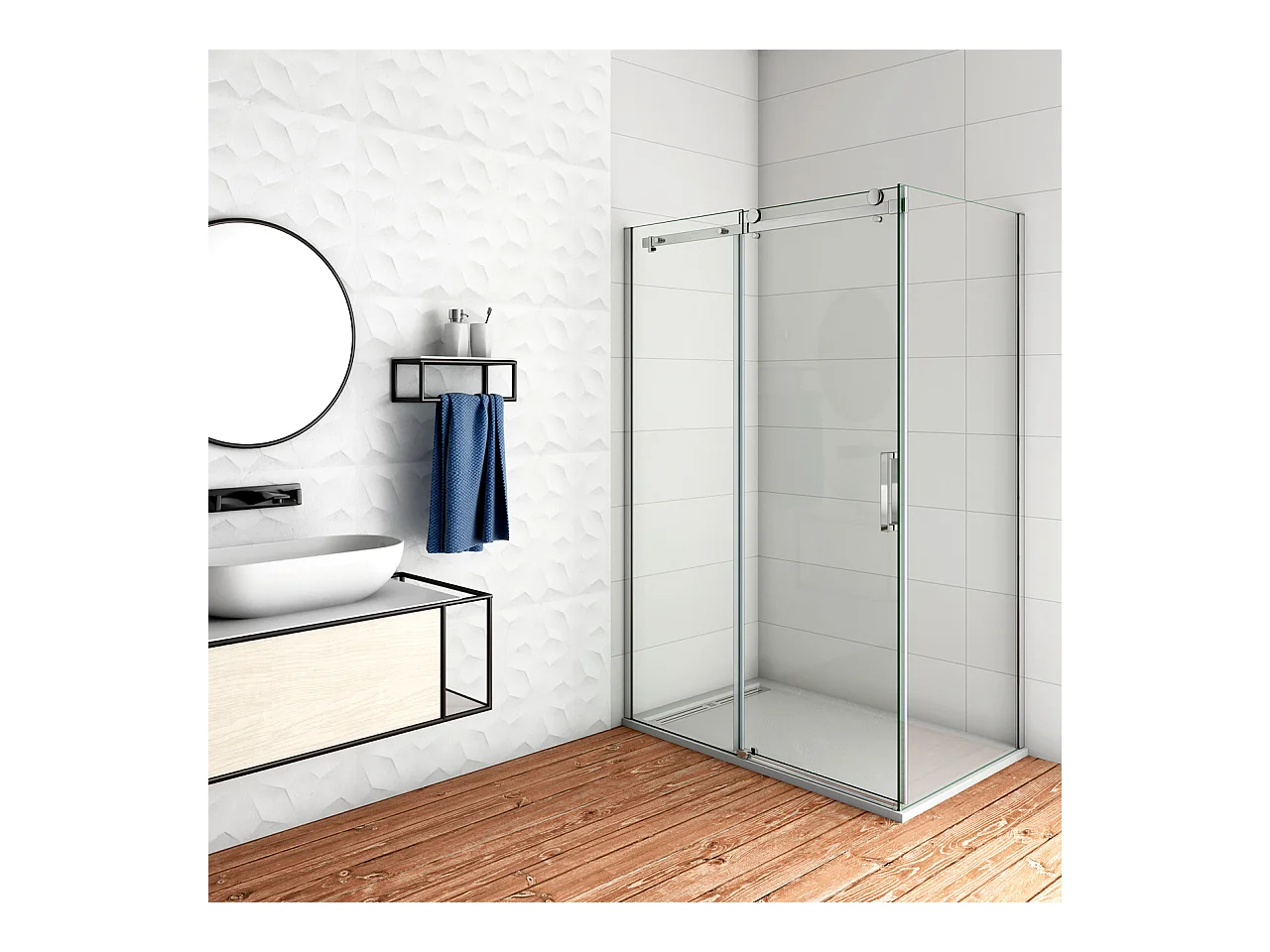 Aica Italy 115x70cm H.195 cm Box Doccia Angolare Porta Scorrevole Con Parete Laterale Vetro 8 Mm Temperato Anticalcare Trasparente Cromato Lucido