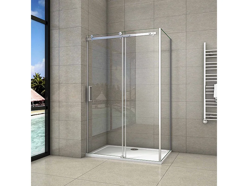 195 cm Box Doccia Angolare Porta Scorrevole con Parete Laterale 140x70 cm Vetro 8 mm Temperato Trasparente Anticalcare Telaio Cromato Lucido