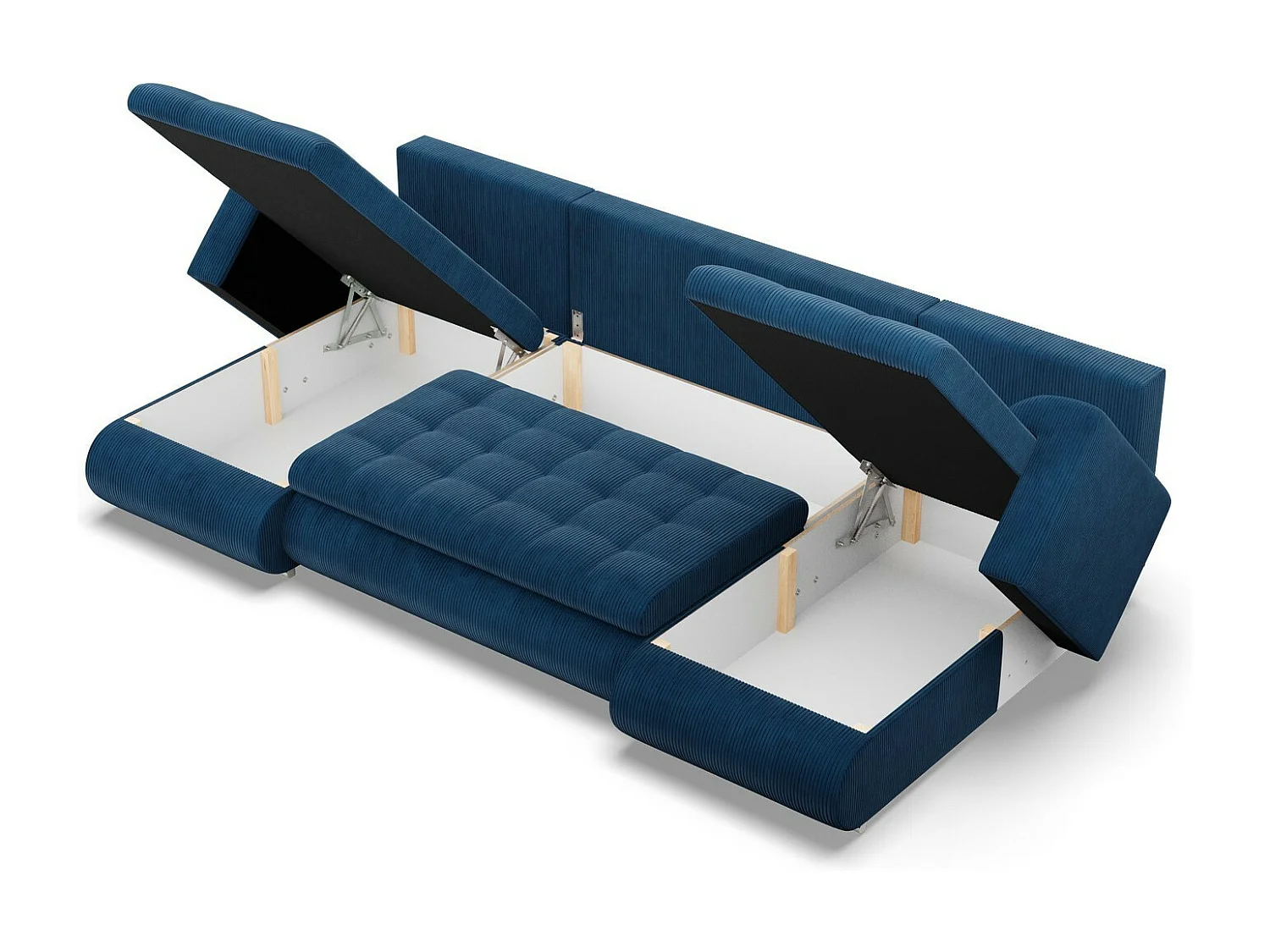 Canapé d'angle en U avec fonction sommeil, 2 méridiennes, Cord - Bleu foncé