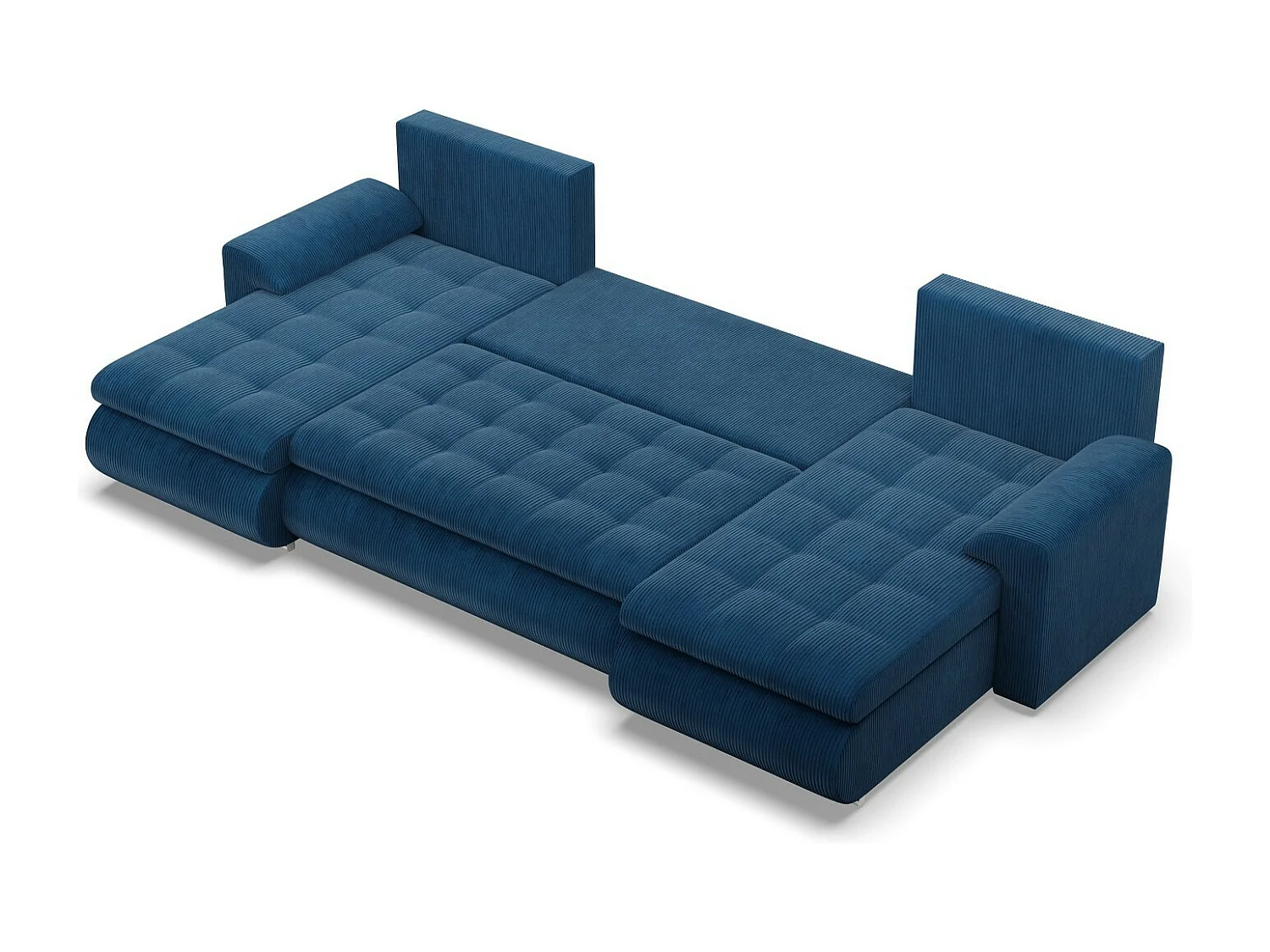 Canapé d'angle en U avec fonction sommeil, 2 méridiennes, Cord - Bleu foncé