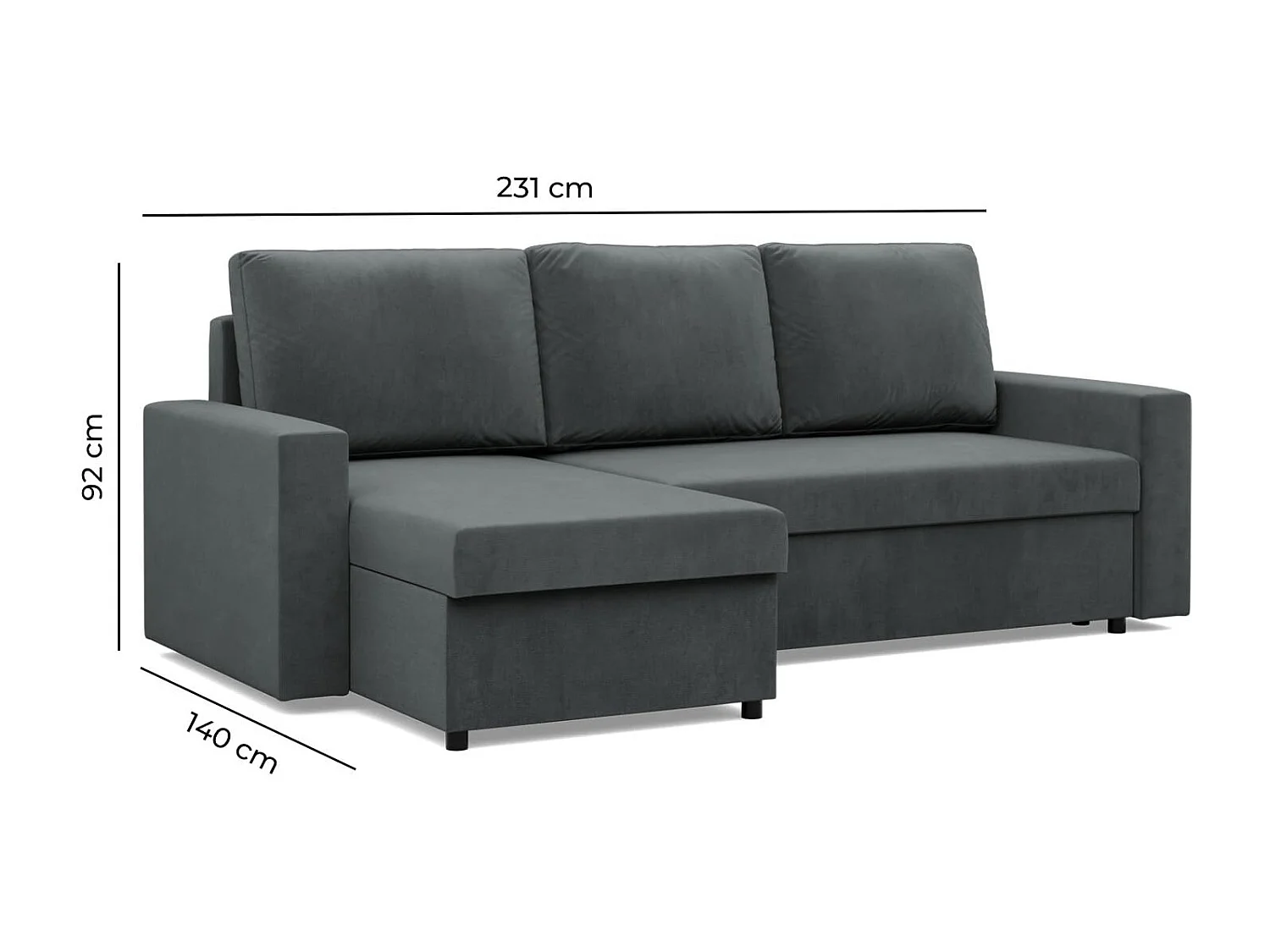 Canapé d'angle avec fonction couchage, Bonell, Noir