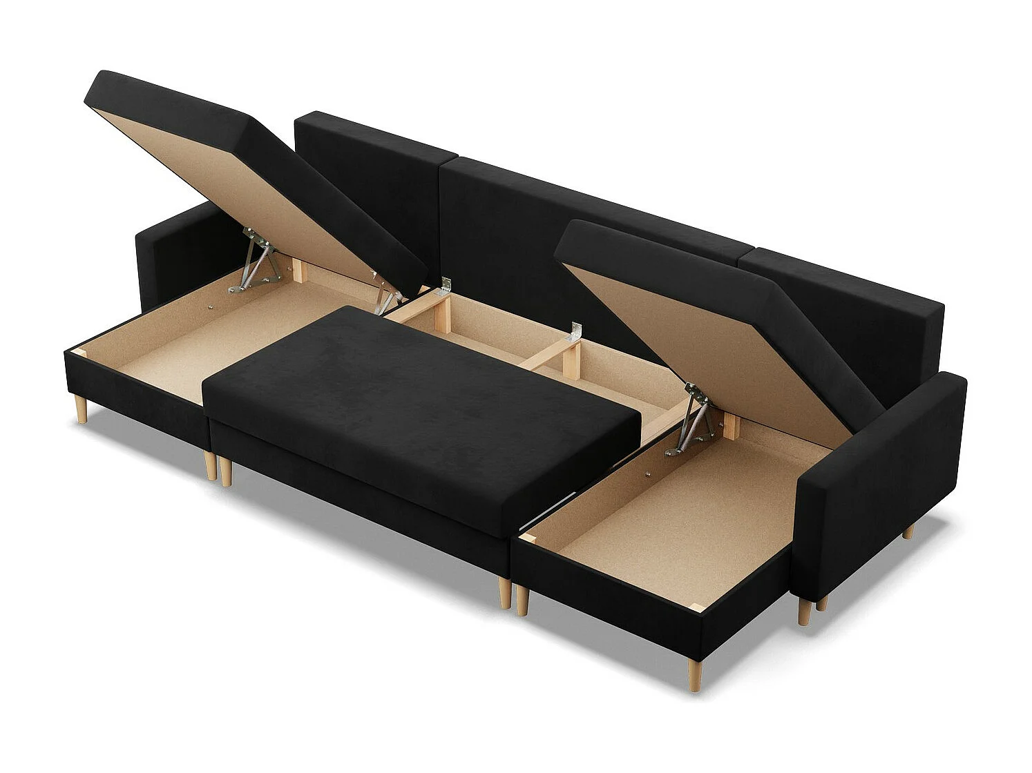 Duży narożnik w kształcie litery U z funkcją spania, z dwustronną poduszką, kolor czarny