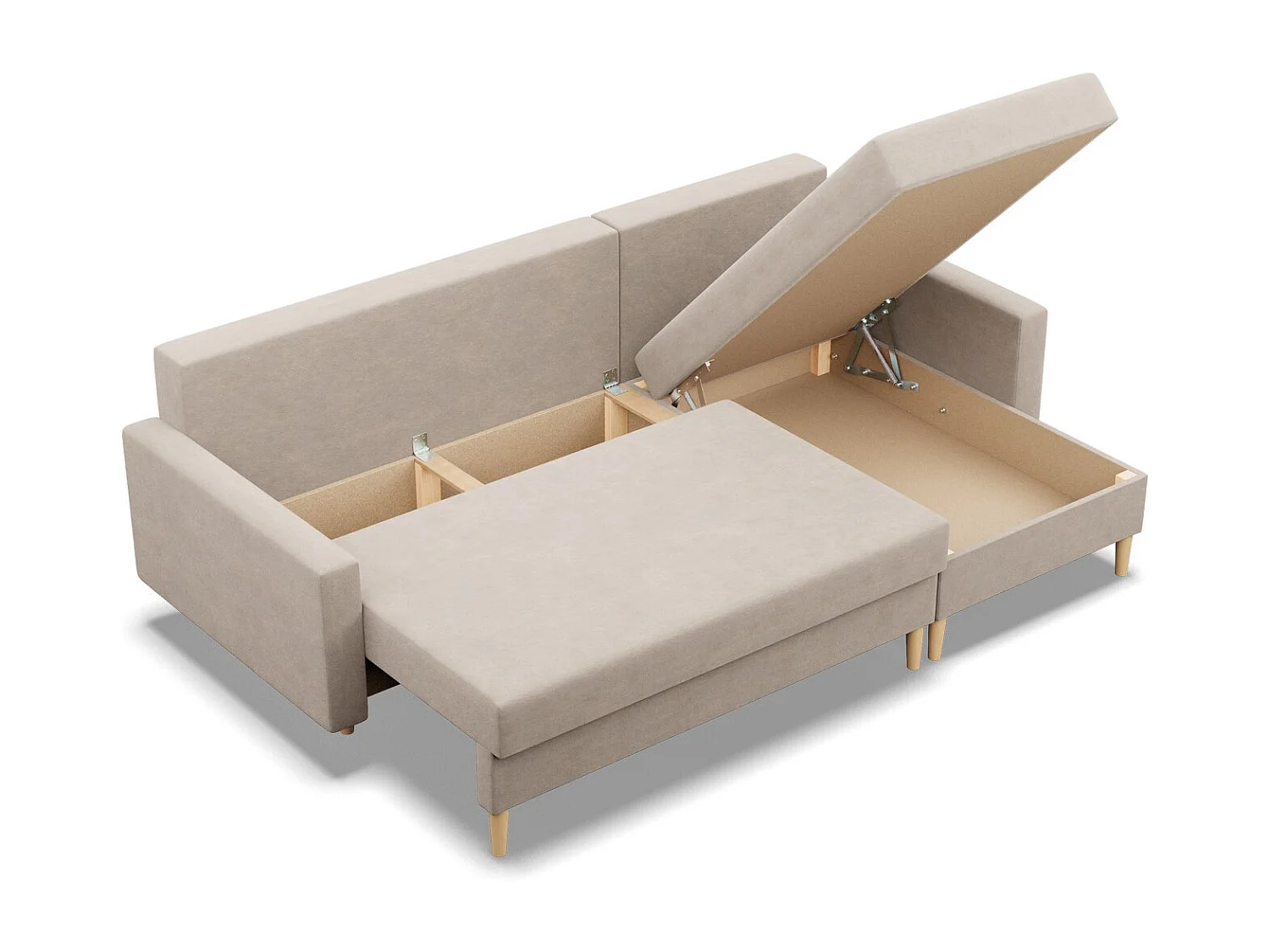 Canapé d'angle avec fonction couchage, Coussin réversible, Beige