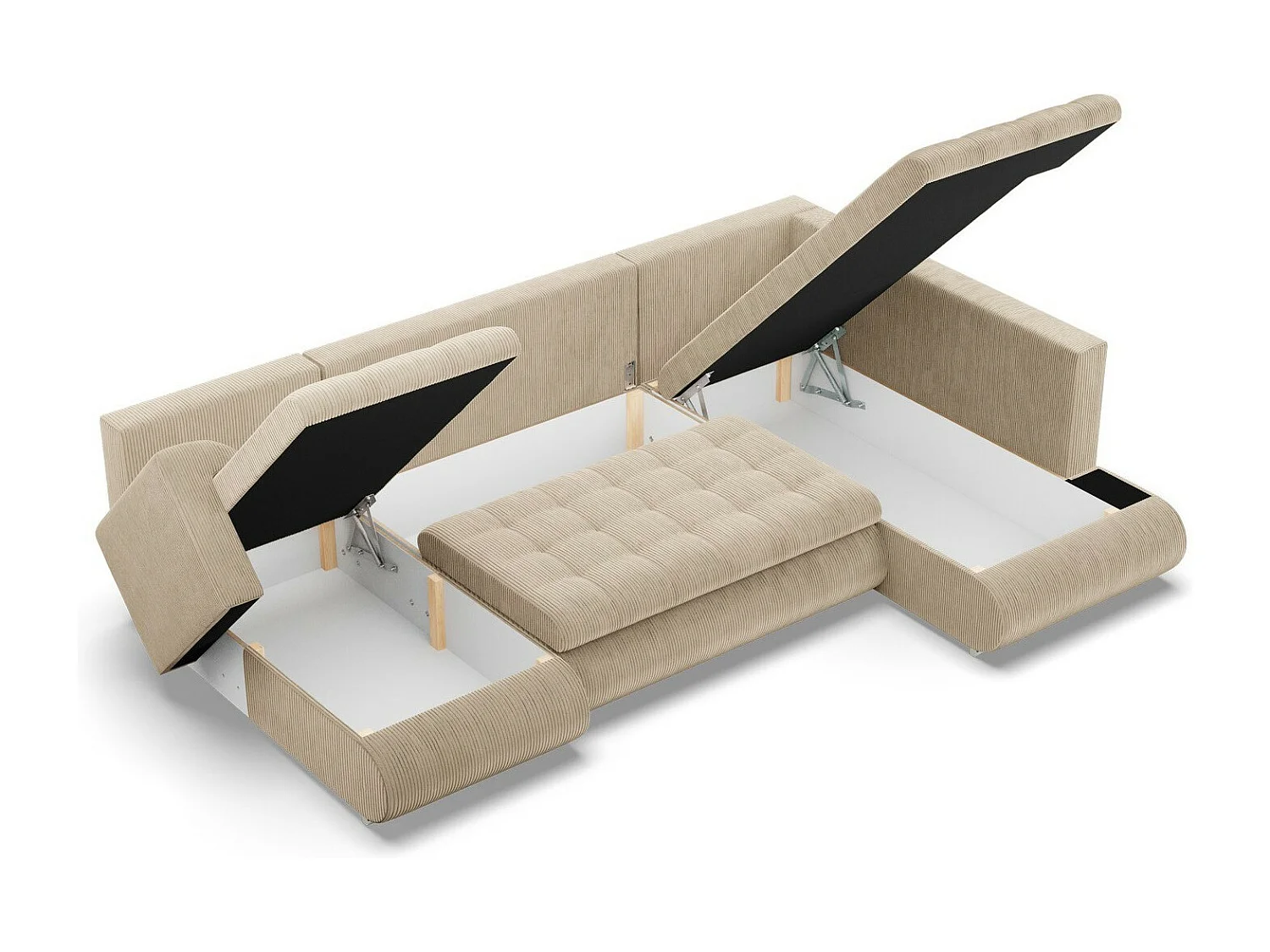 U-Sofa mit Schlaffunktion, Ottomane, Cord - Beige