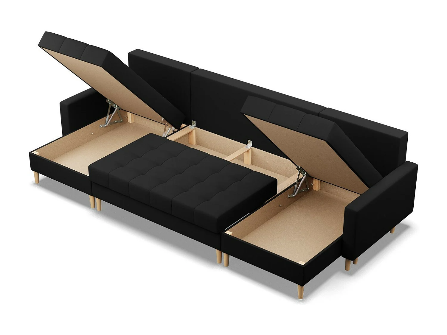 Canapé d'angle en U avec fonction sommeil, 2 méridiennes, Noir