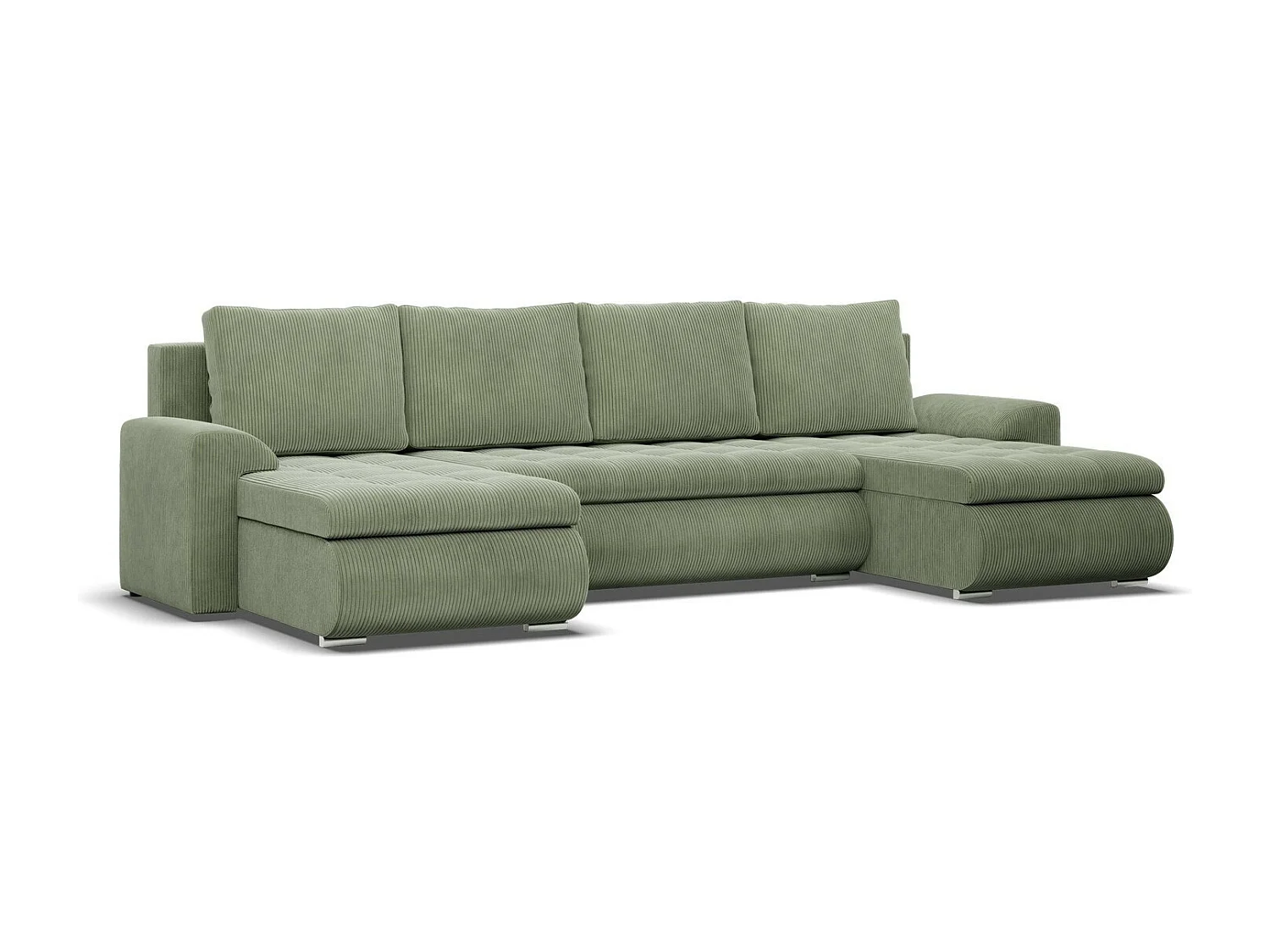 Canapé d'angle en U avec fonction sommeil, 2 méridiennes, Cord - Vert