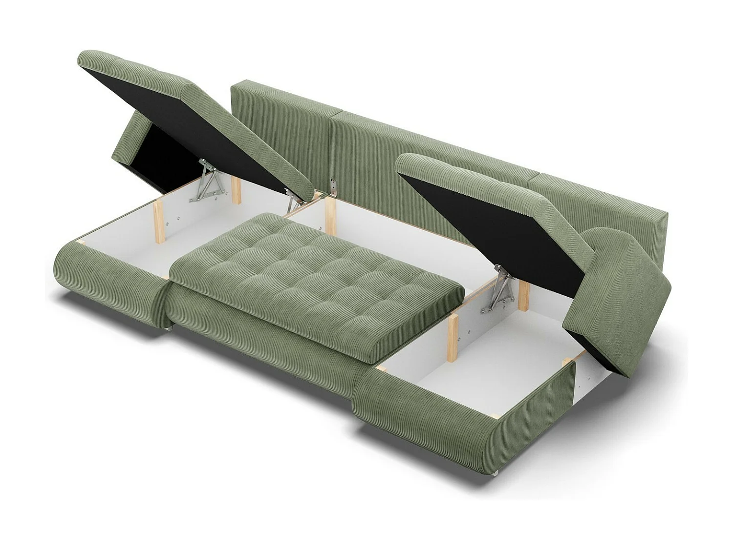 Canapé d'angle en U avec fonction sommeil, 2 méridiennes, Cord - Vert