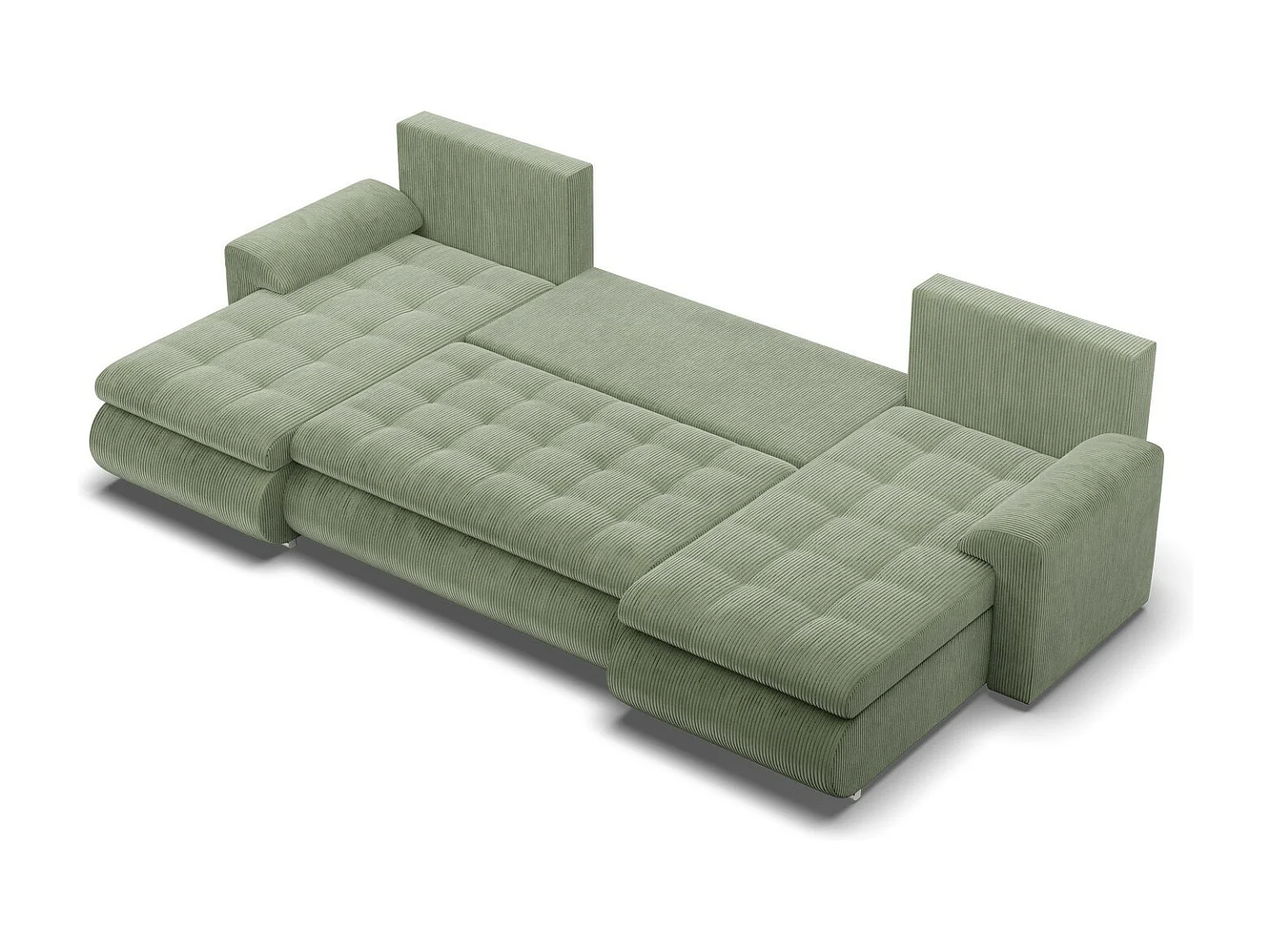 Canapé d'angle en U avec fonction sommeil, 2 méridiennes, Cord - Vert
