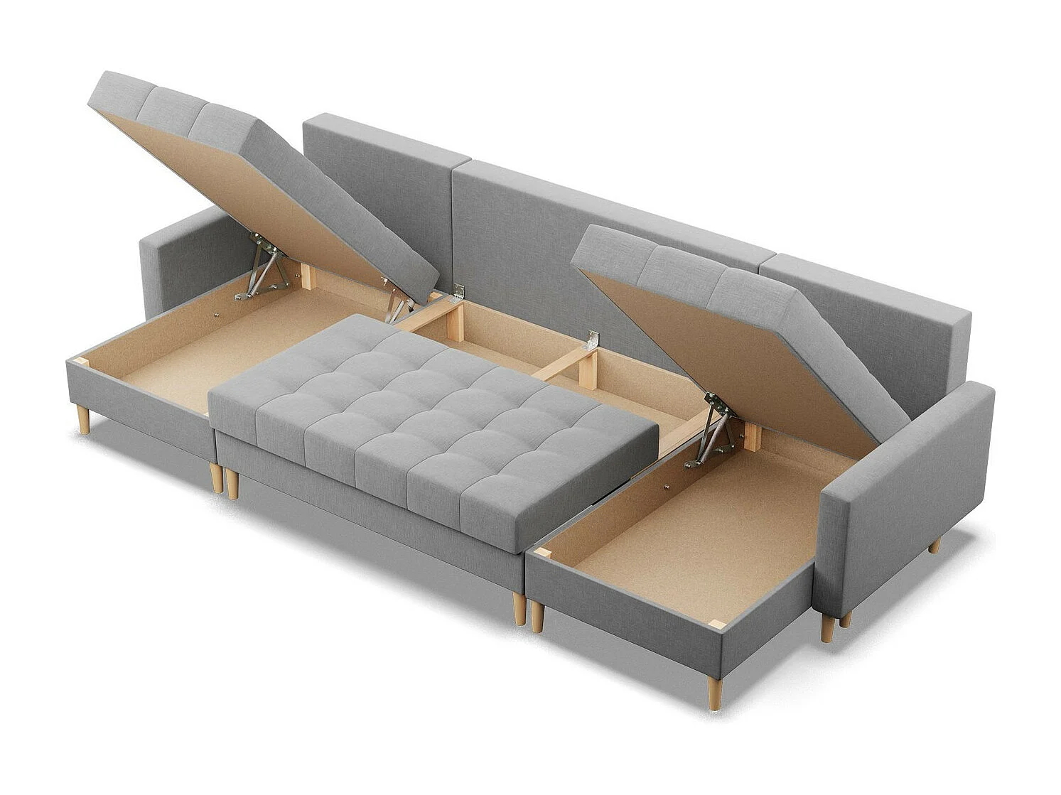 Canapé d'angle en U avec fonction sommeil, 2 méridiennes, Gris