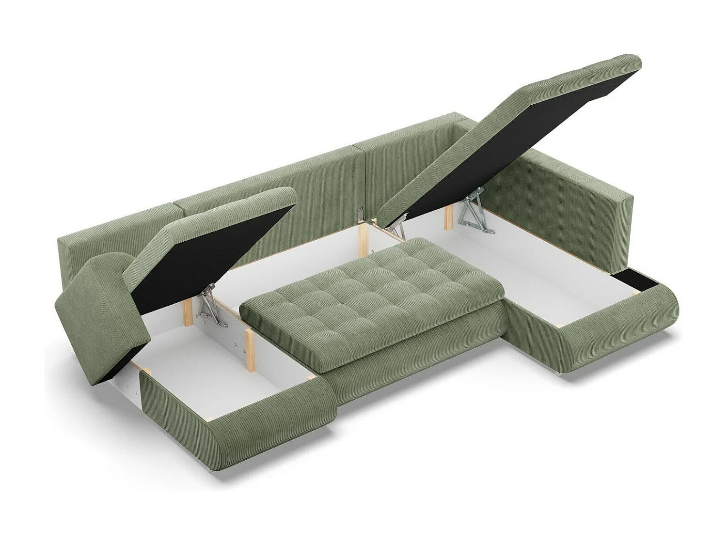 Canapé d'angle en U avec fonction sommeil, Ottoman, Cord - Vert