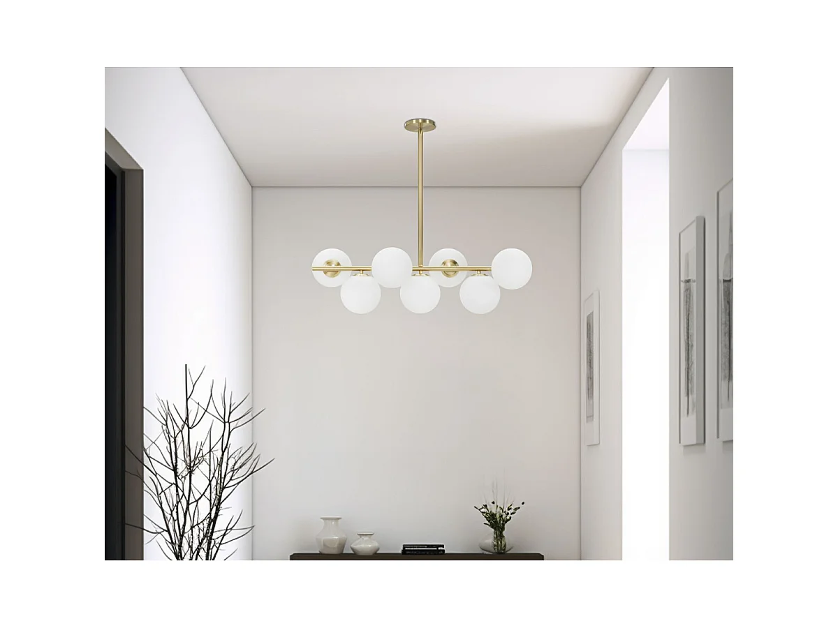 Lustre Glamoroso de 7 Lâmpadas - Luminária de Teto E14 em Metal Dourado e Esferas de Vidro Branco 81x30x74 cm - Design Glamoroso