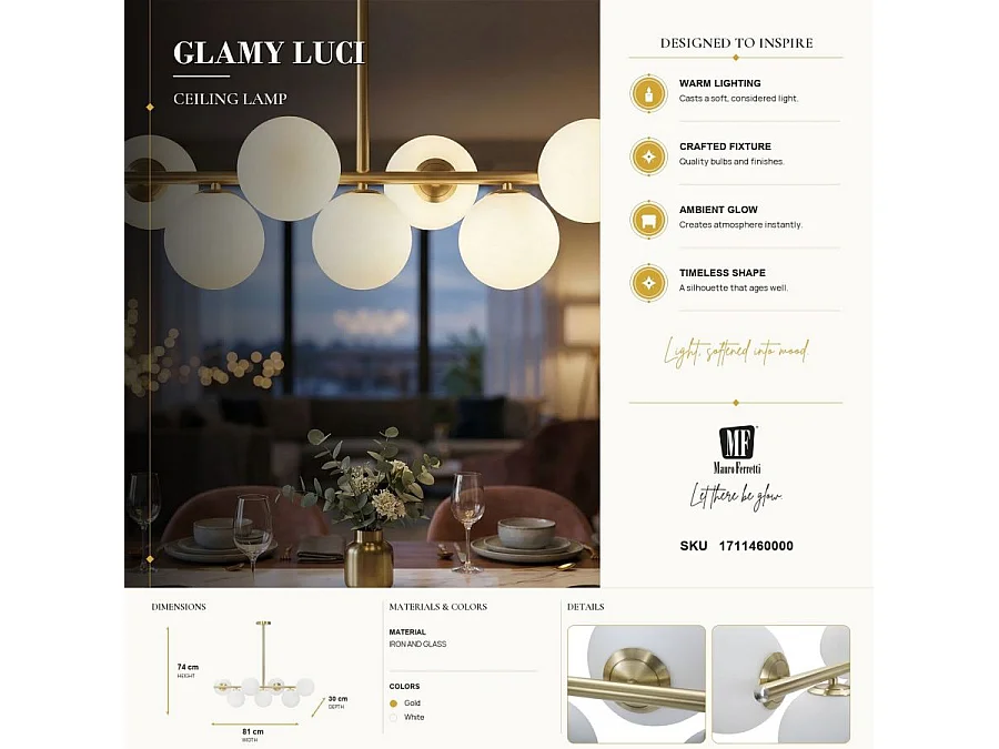 Lampe Suspension 7 Sphères "Glamy Luci" 81cm Blanc & Or