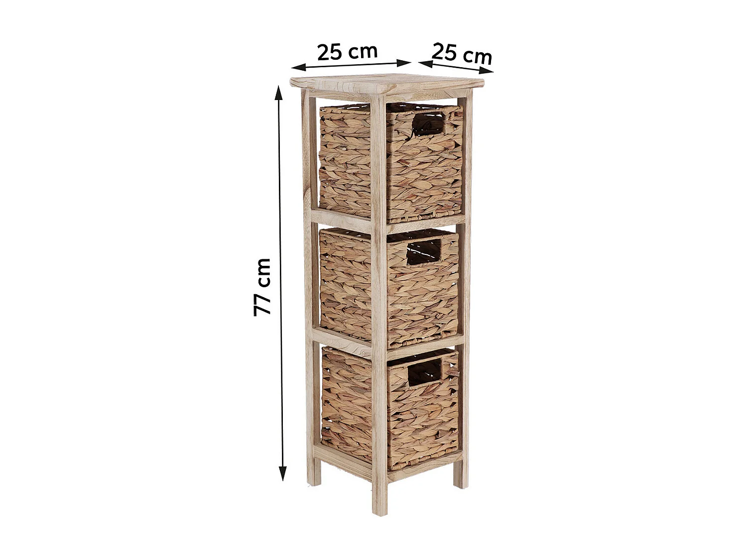 Meuble de rangement en Bois Naturel avec 3 Paniers tressés H 77 cm