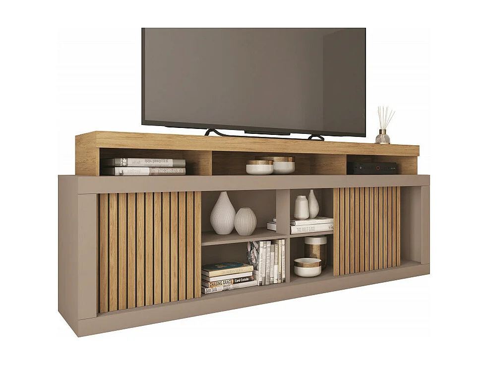 Meuble TV 70 Pouces Chêne et Gris 2 Portes Coulissantes L. 180 H 74 P 39.5 cm