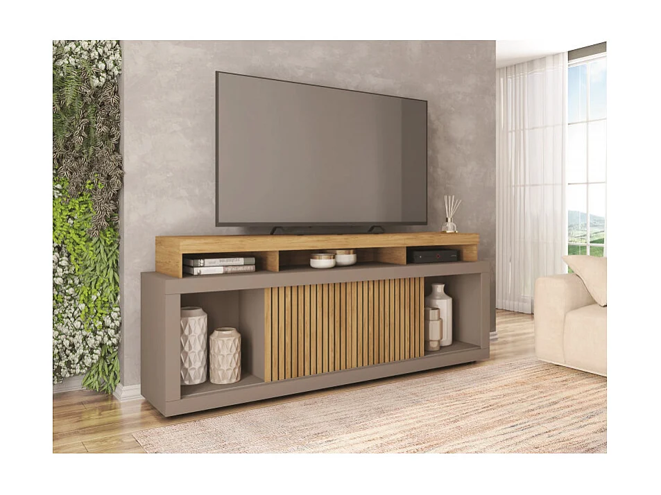 Meuble TV 70 Pouces Chêne et Gris 2 Portes Coulissantes L. 180 H 74 P 39.5 cm