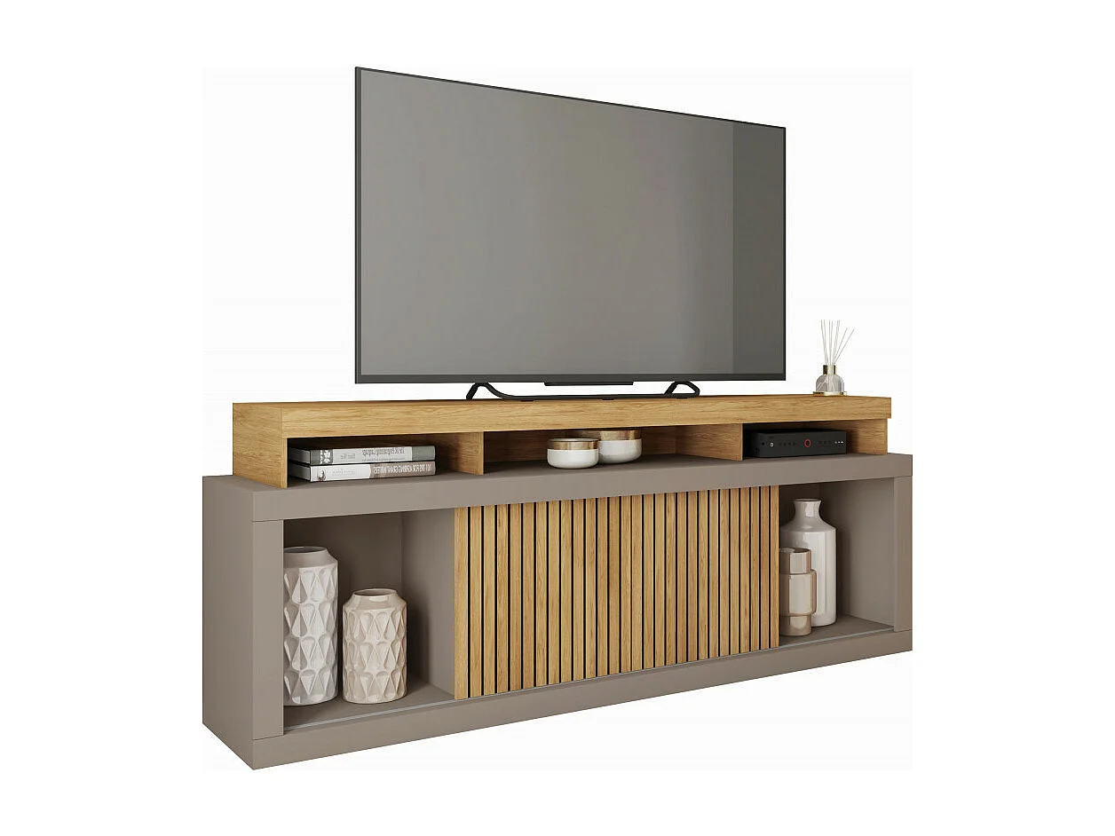 Meuble TV 70 Pouces Chêne et Gris 2 Portes Coulissantes L. 180 H 74 P 39.5 cm