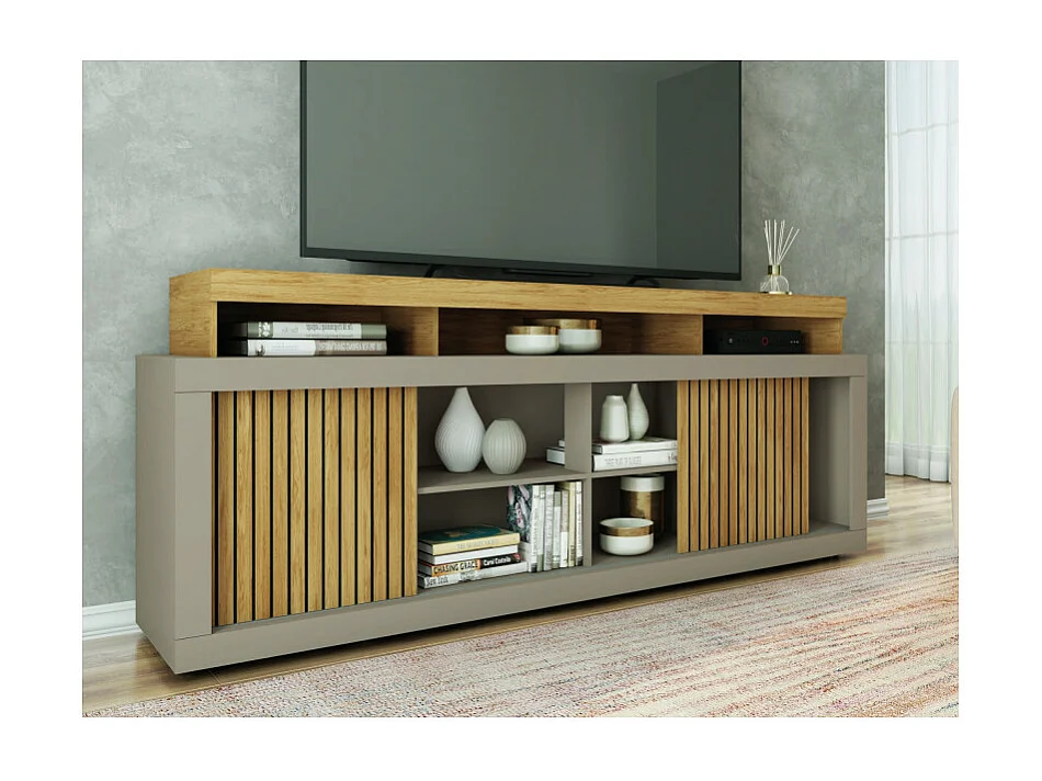 Meuble TV 70 Pouces Chêne et Gris 2 Portes Coulissantes L. 180 H 74 P 39.5 cm