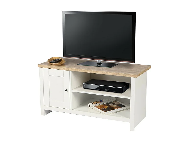 Meuble TV avec 2 niches et 1 porte design colonial – 95x40xH49 cm, coloris blanc et plateau chêne clair – Collection MADERA