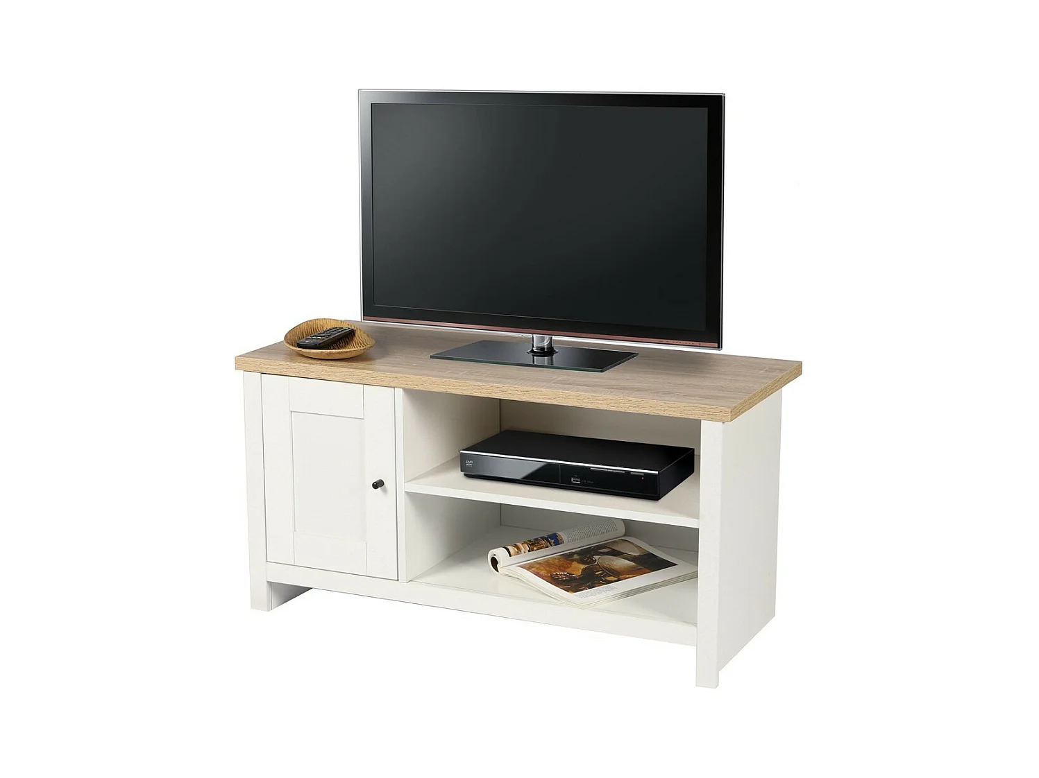 TV-meubel met 2 vakken en 1 deur in koloniale stijl - 95x40xH49 cm, wit en licht eiken blad - Collectie MADERA