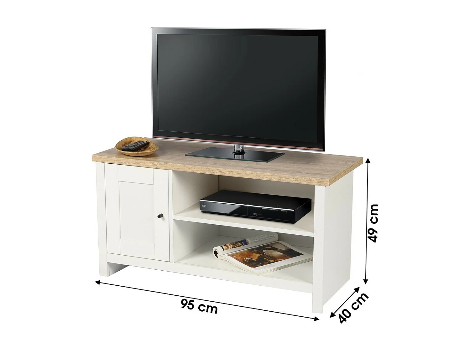 Meuble TV avec 2 niches et 1 porte design colonial – 95x40xH49 cm, coloris blanc et plateau chêne clair – Collection MADERA