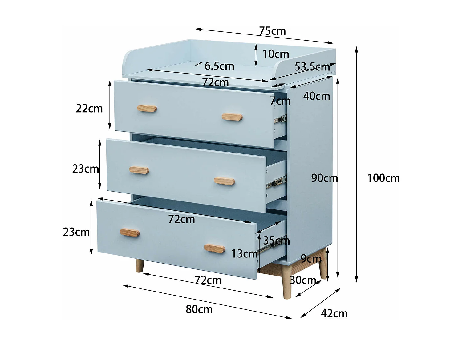 Table à langer Deble 100x80x42 MDF Bois Bleu ciel Marron Scandinave