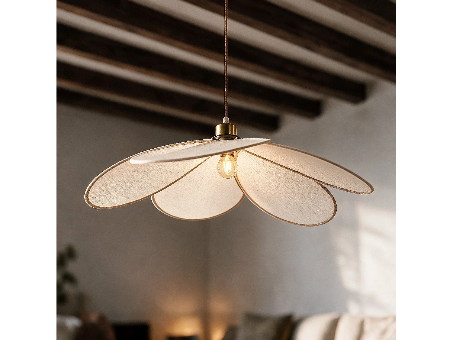 Lámpara de techo de tela beige y metal dorado D75 cm - Flora