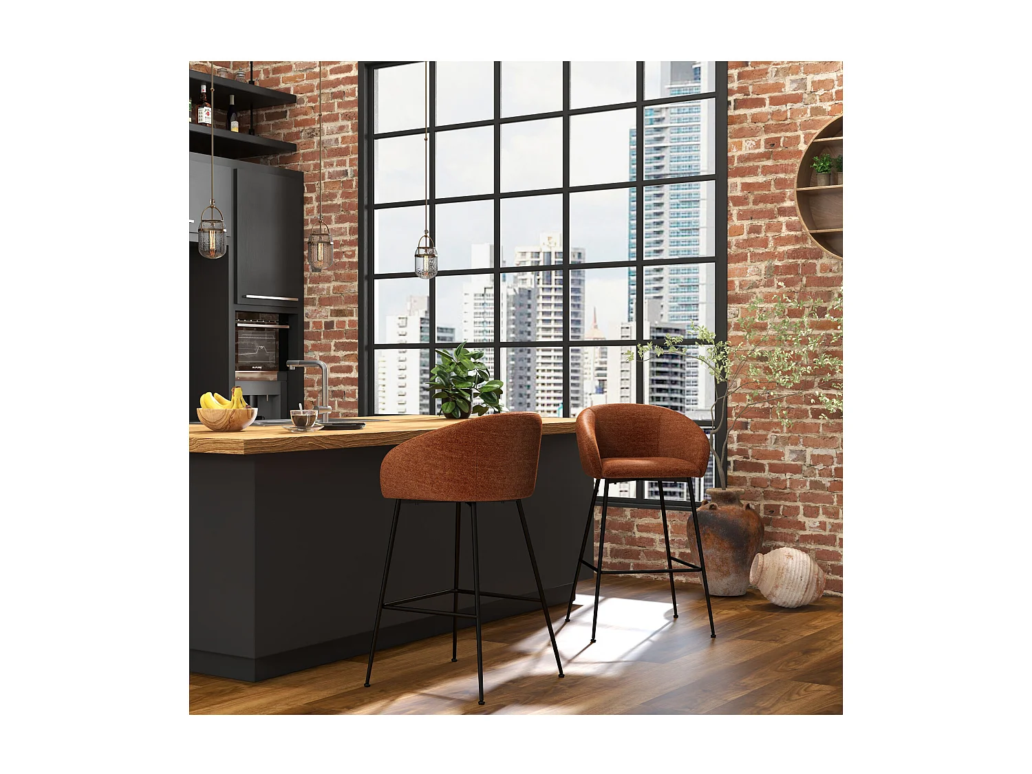 CHLOE-Silla de bar de tela terracota (x2)