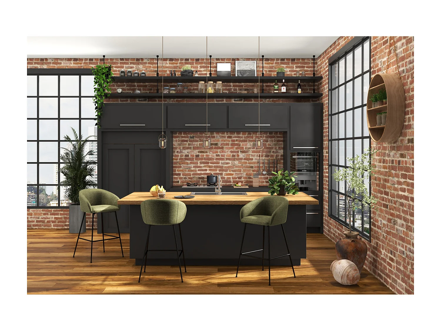 CHLOE-Sedia da bar in tessuto verde (x2)