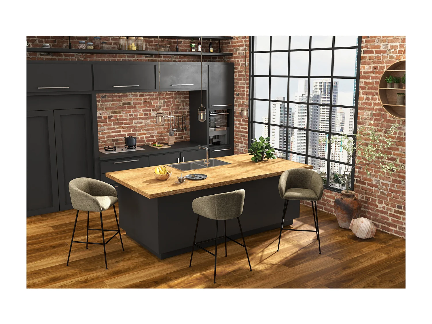 CHLOE-Sedia da bar in tessuto marrone (x2)