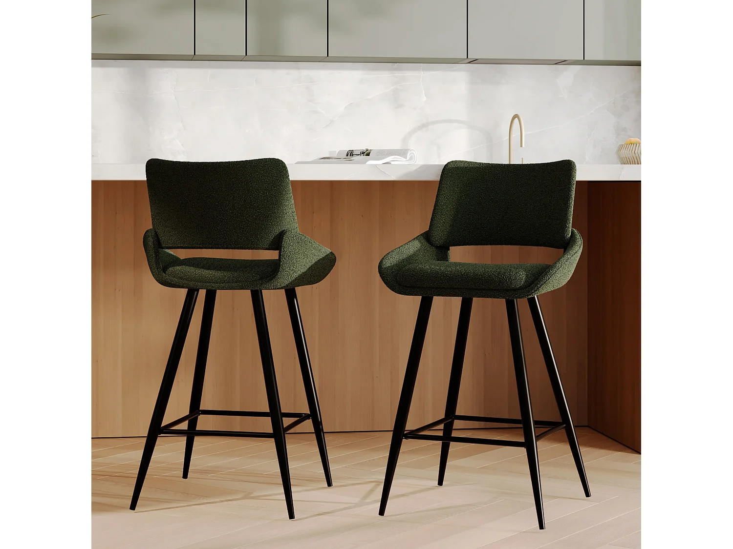 Lot de 2 chaises pour îlot central en tissu bouclé vert kaki 66 cm - Alfy