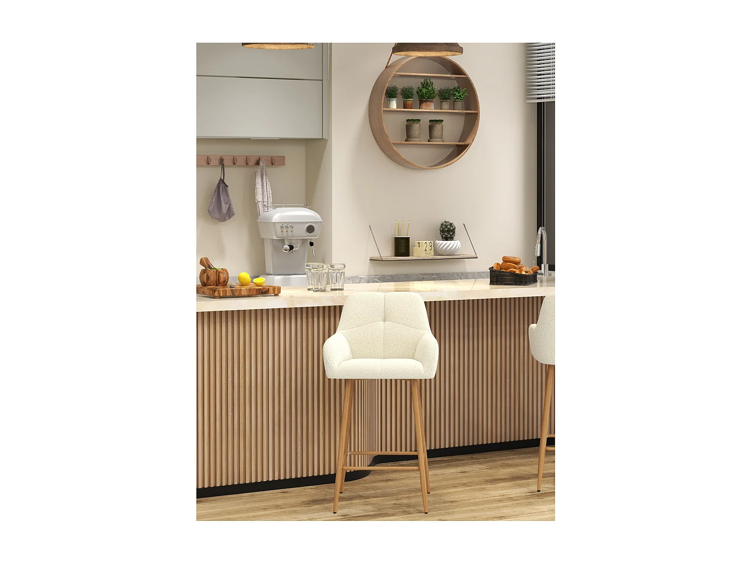 LEA-Fauteuil de bar en tissu Cozy Ecru et métal chêne (x2)