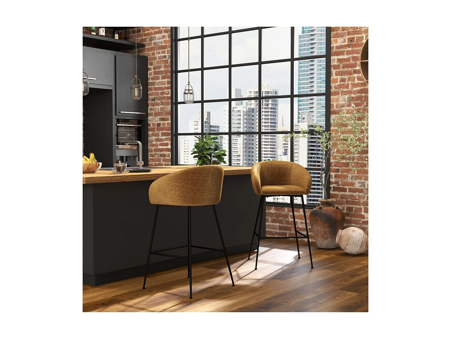 CHLOE-Sedia da bar in tessuto senape (x2)