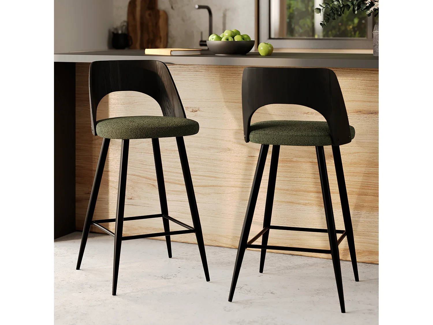 Lot de 2 chaises pour îlot central en tissu bouclé vert kaki 66 cm - Mindy