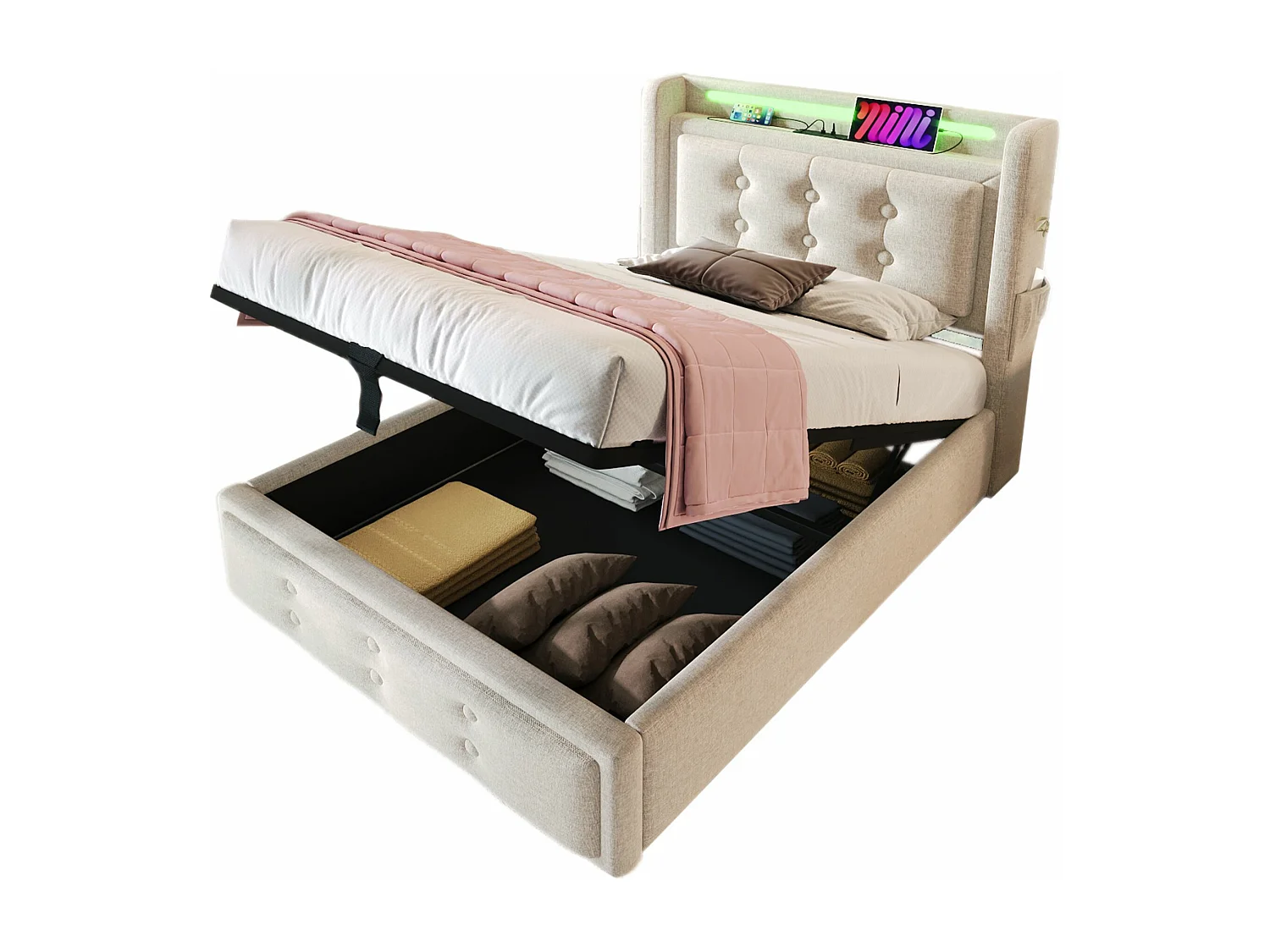Lit simple capitonné 90x200 avec tête de lit LED et chargeur USB C, lit hydraulique, beige (sans matelas)