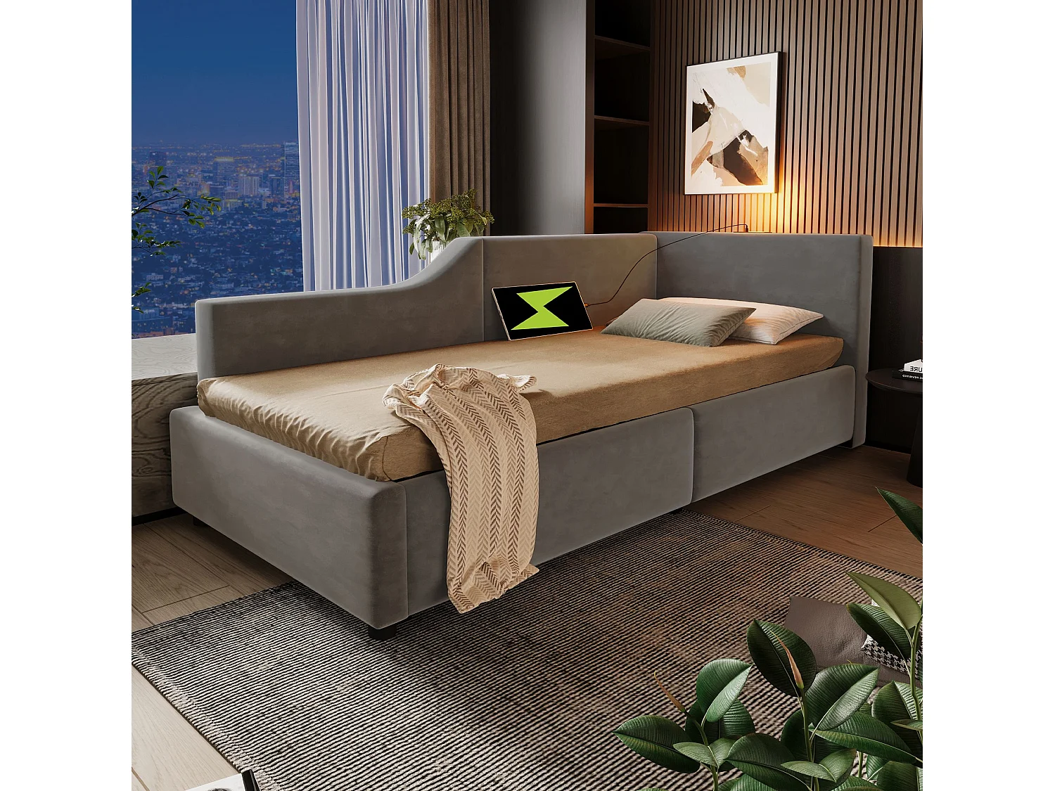 Kinder-Schlafsofa 90x190 cm, mit Leseleuchte und USB-C-Ladegerät, Samt, grau