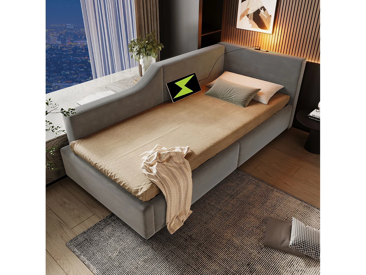 Kinder-Schlafsofa 90x190 cm, mit Leseleuchte und USB-C-Ladegerät, Samt, grau