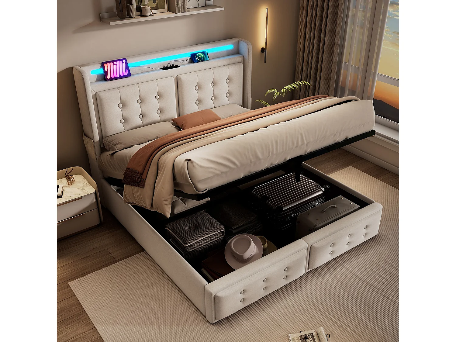 Lit double capitonné 160x200 avec tête de lit LED et chargeur USB C, lit hydraulique, beige (sans matelas)