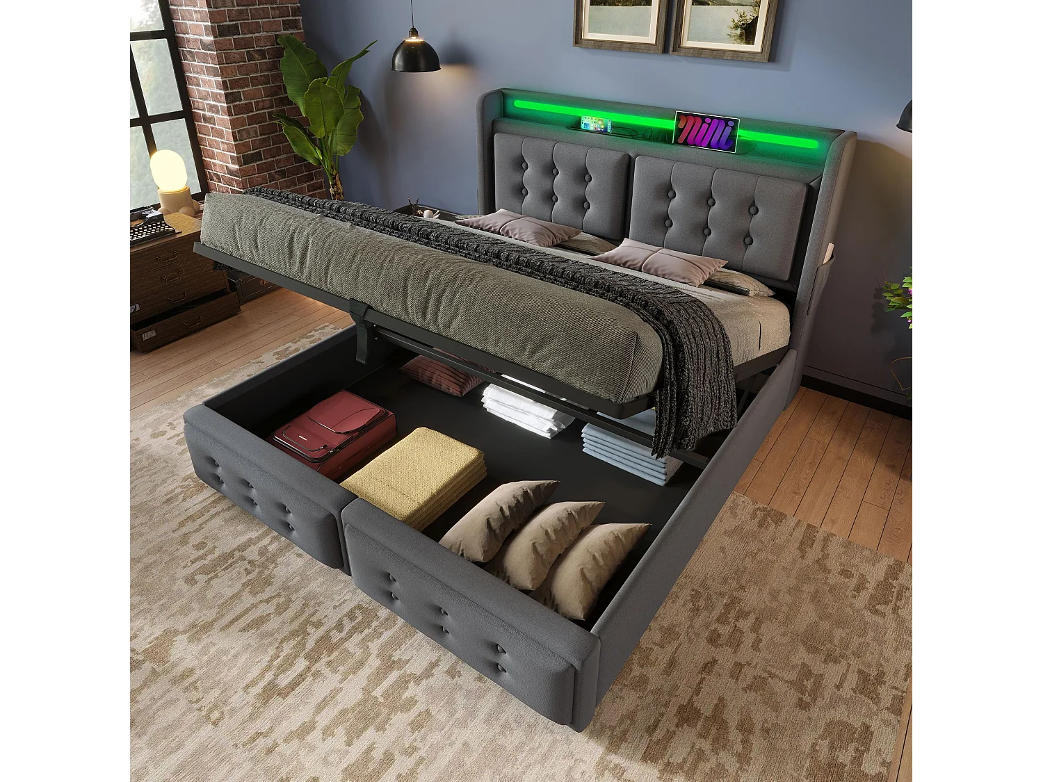 Lit double capitonné 180x200 avec tête de lit LED et chargeur USB C, lit hydraulique, gris (sans matelas)