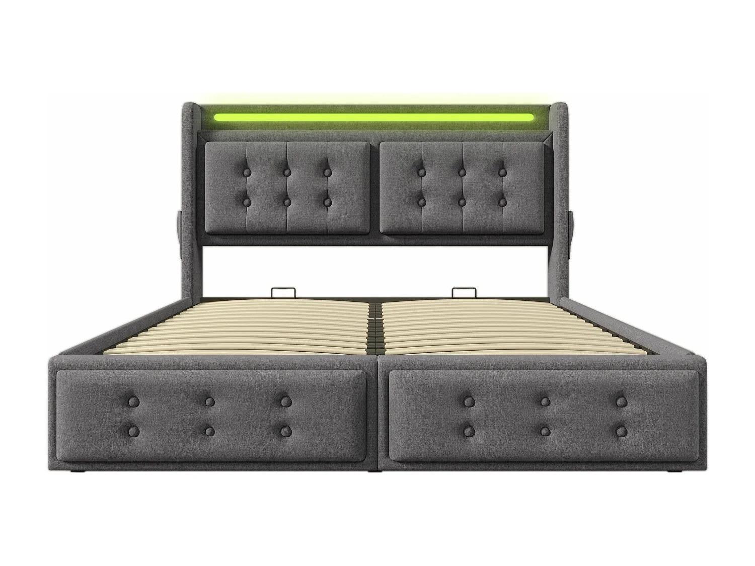 Lit double capitonné 180x200 avec tête de lit LED et chargeur USB C, lit hydraulique, gris (sans matelas)