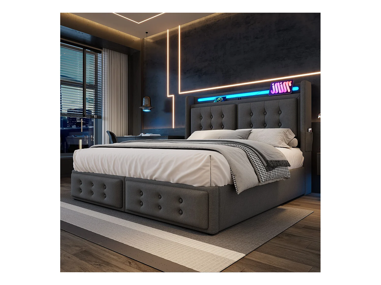 Lit double capitonné 180x200 avec tête de lit LED et chargeur USB C, lit hydraulique, gris (sans matelas)