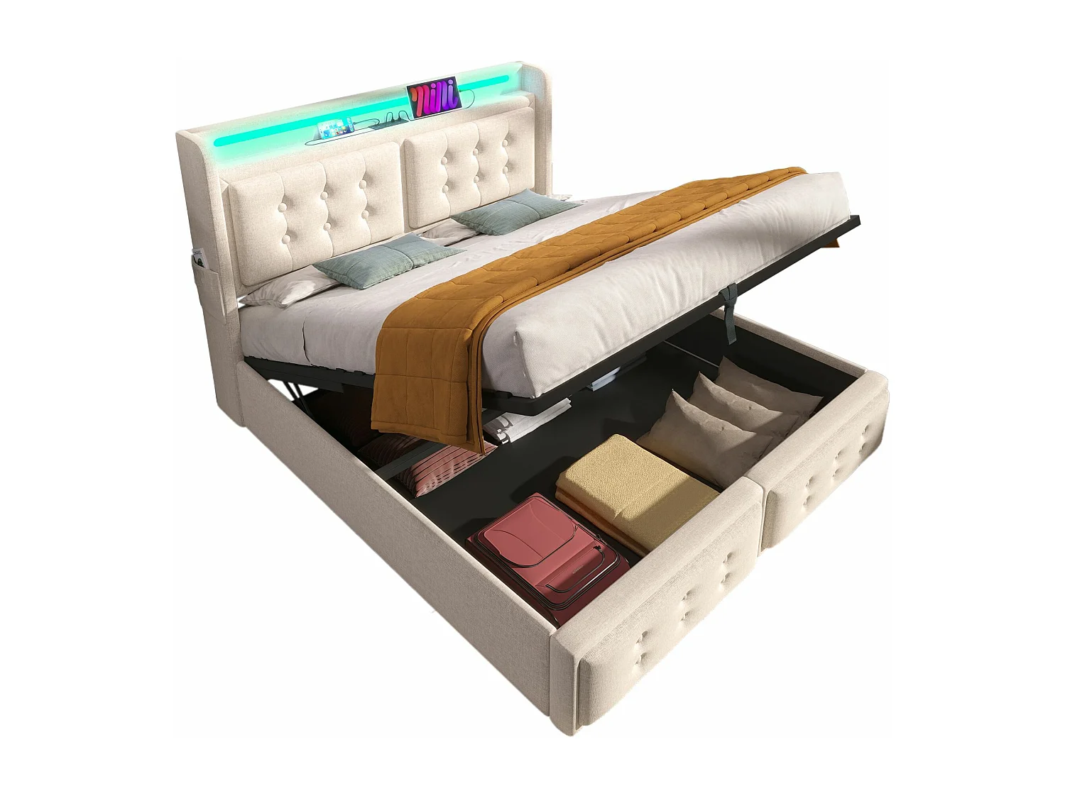 Cama de casal estofada 140x200 com cabeceira LED e carregador USB C, cama hidráulica, bege (sem colchão)