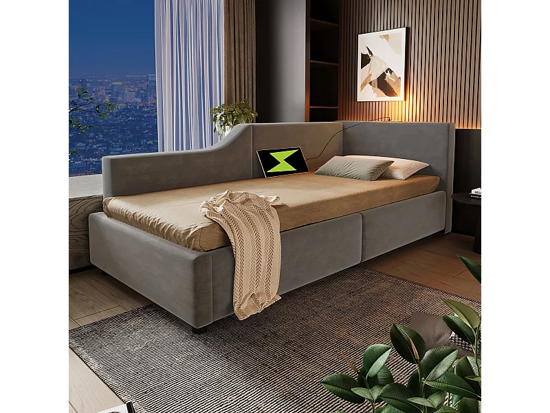 Slaapbank 90x200cm, met leeslampje en USB-C oplader, fluweel, grijs