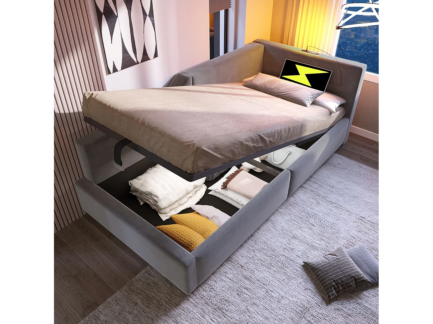 Canapé-lit 90x200cm, avec liseuse et chargeur USB-C, velours, gris.