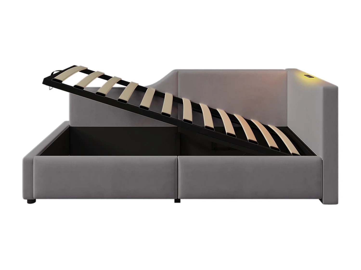 Canapé-lit 90x200cm, avec liseuse et chargeur USB-C, velours, gris.