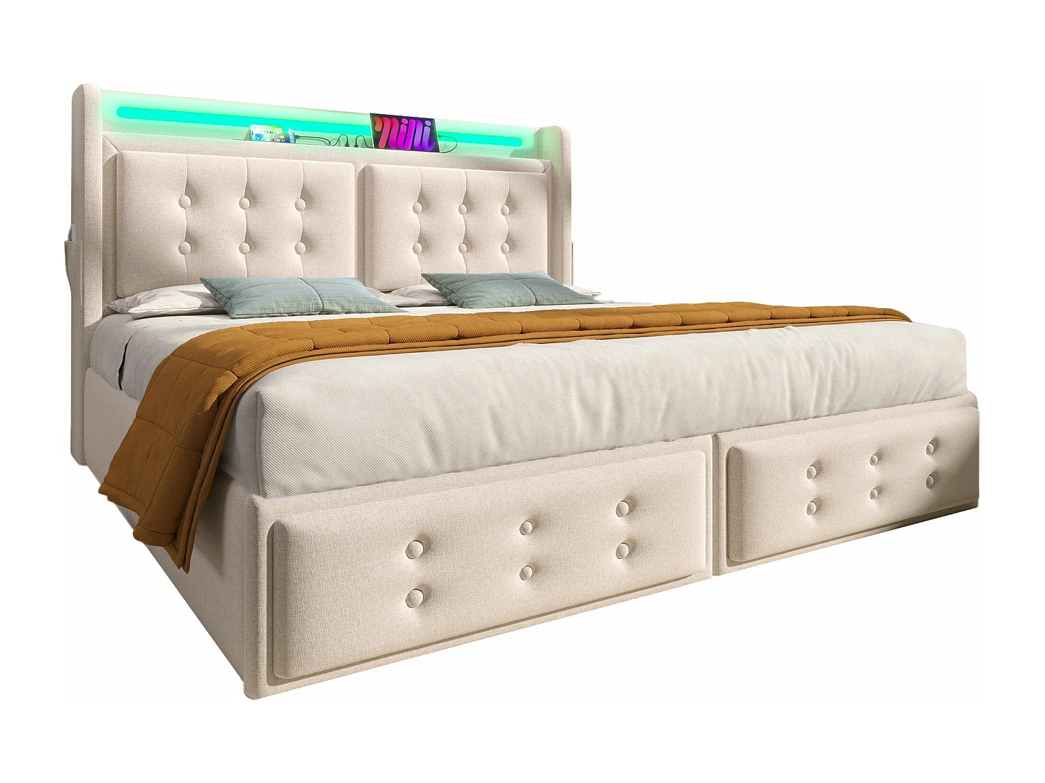 Lit double capitonné 180x200 avec tête de lit LED et chargeur USB C, lit hydraulique, beige (sans matelas)