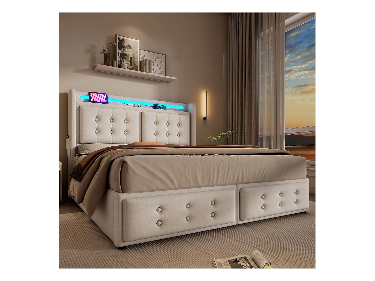Tweepersoonsbed gestoffeerd 180x200 met LED-hoofdbord en USB C-lader, hydraulisch bed, beige (zonder matras)