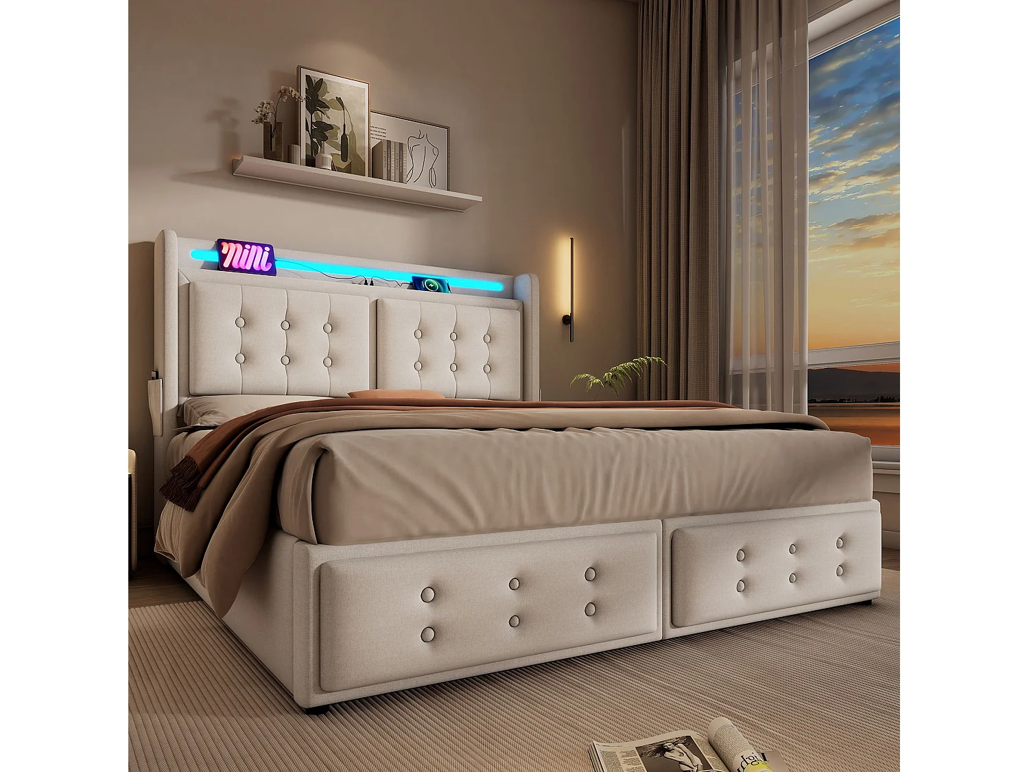 Tweepersoonsbed gestoffeerd 180x200 met LED-hoofdbord en USB C-lader, hydraulisch bed, beige (zonder matras)